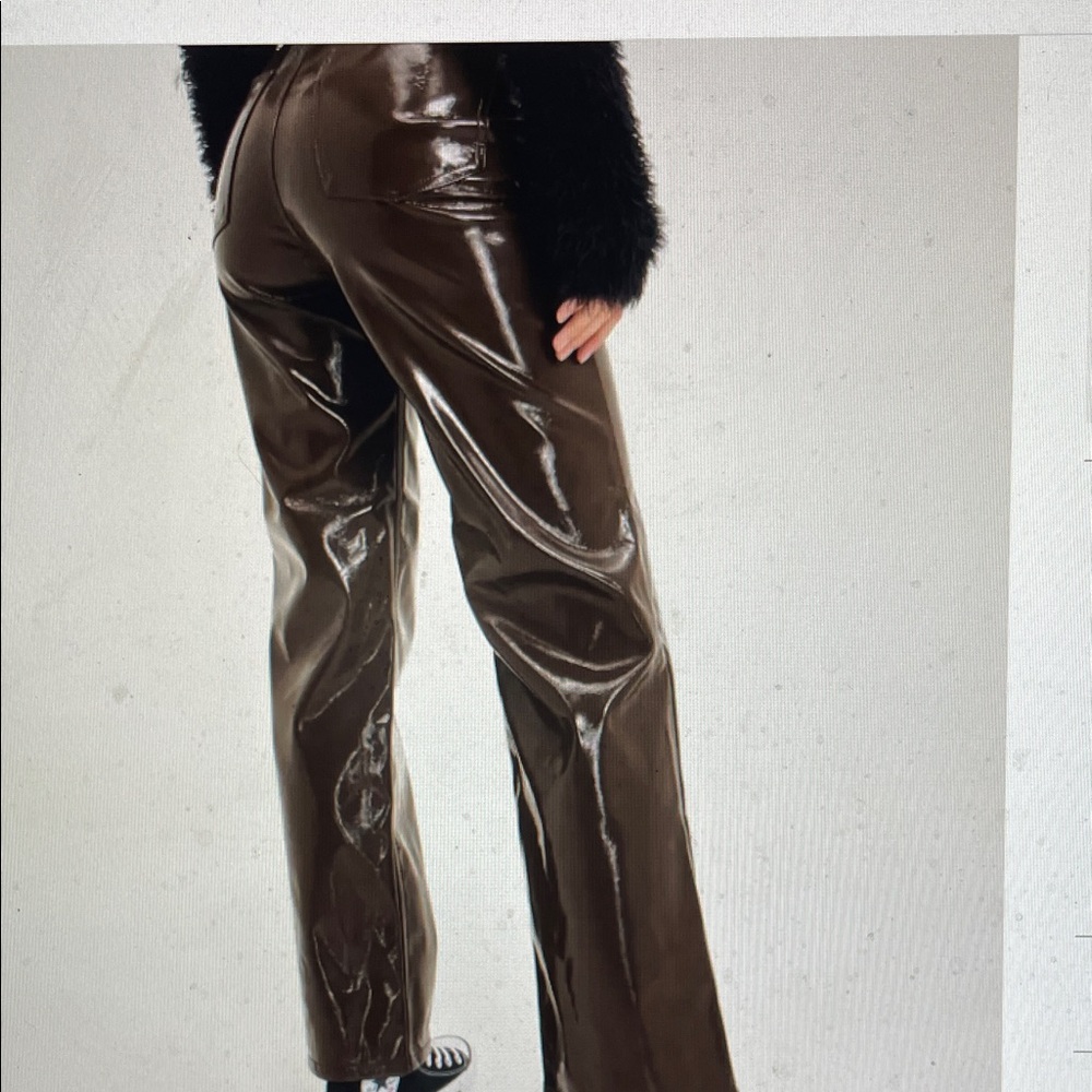 JJXX Women's high rise straight leg Shiny Brown leather Pants- nwt